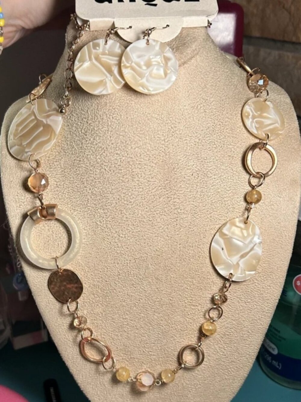 Unique Cream Faux Mother of Pearl & Gold Tone Beaded Statement Necklace Set